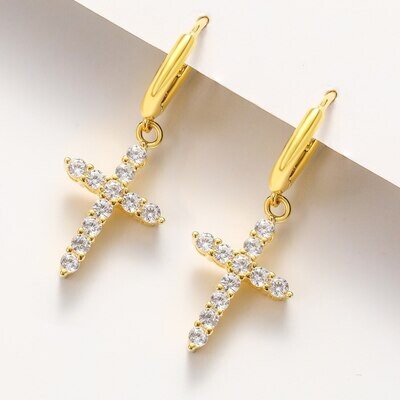 925 STERLING SILVER ZIRCON CROSS HOOP EARRINGS