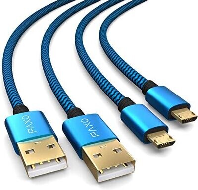 2X 4m Nylon PS4 Ladekabel für Playstation 4 Controller, Micro USB Kabel, Micro USB Ladekabel, Mikro USB, Stoffmantel, Aluminium Stecker, blau-schwarz