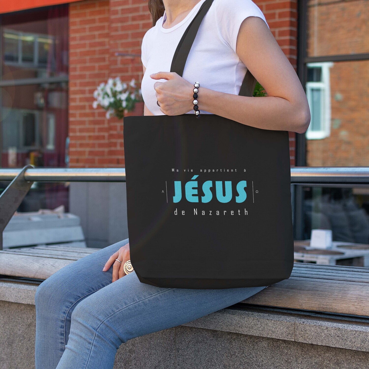 Tote bag noir/bleu &quot;Ma vie appartient à Jésus&quot;
