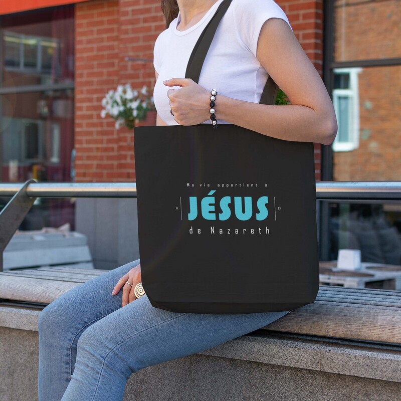 Tote bag noir/bleu &quot;Ma vie appartient à Jésus&quot;