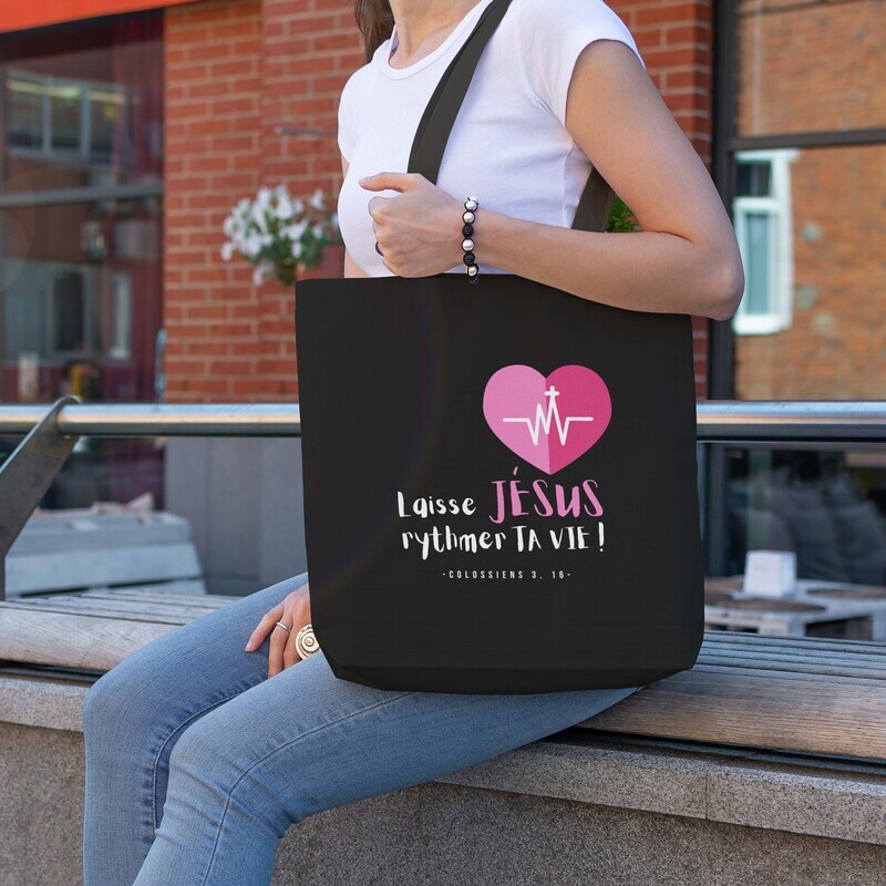 Tote bag noir &quot;Laisse Jésus rythmer ta vie&quot;