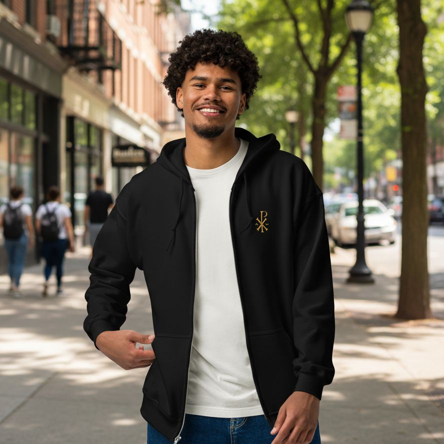 Sweat zippé à capuche - Chrisme brodé