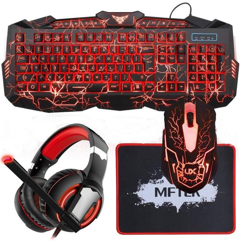 MFTEK Backlit Wired Gaming Keyboard and Mouse Combo with LED Gaming Headset Set