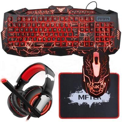 MFTEK Backlit Wired Gaming Keyboard and Mouse Combo with LED Gaming Headset Set