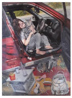 Sophie at home in her car with her cats