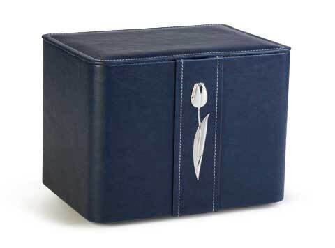 Urne cinéraire en simili cuir bleu décor tulipe argent