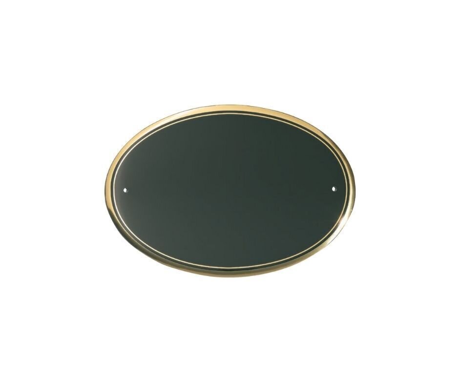 Plaque ovale en aluminium convexe avec fond noir et bordure dorée