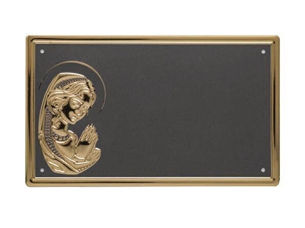 Assiettes plates en aluminium à fond argent patiné, bordure or poli et relief de la Vierge Marie