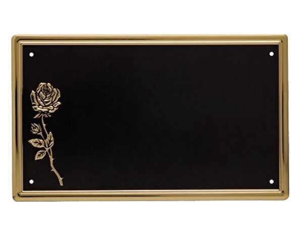 Plaque  en aluminium à fond noir patiné, bordure or poli et relief rose