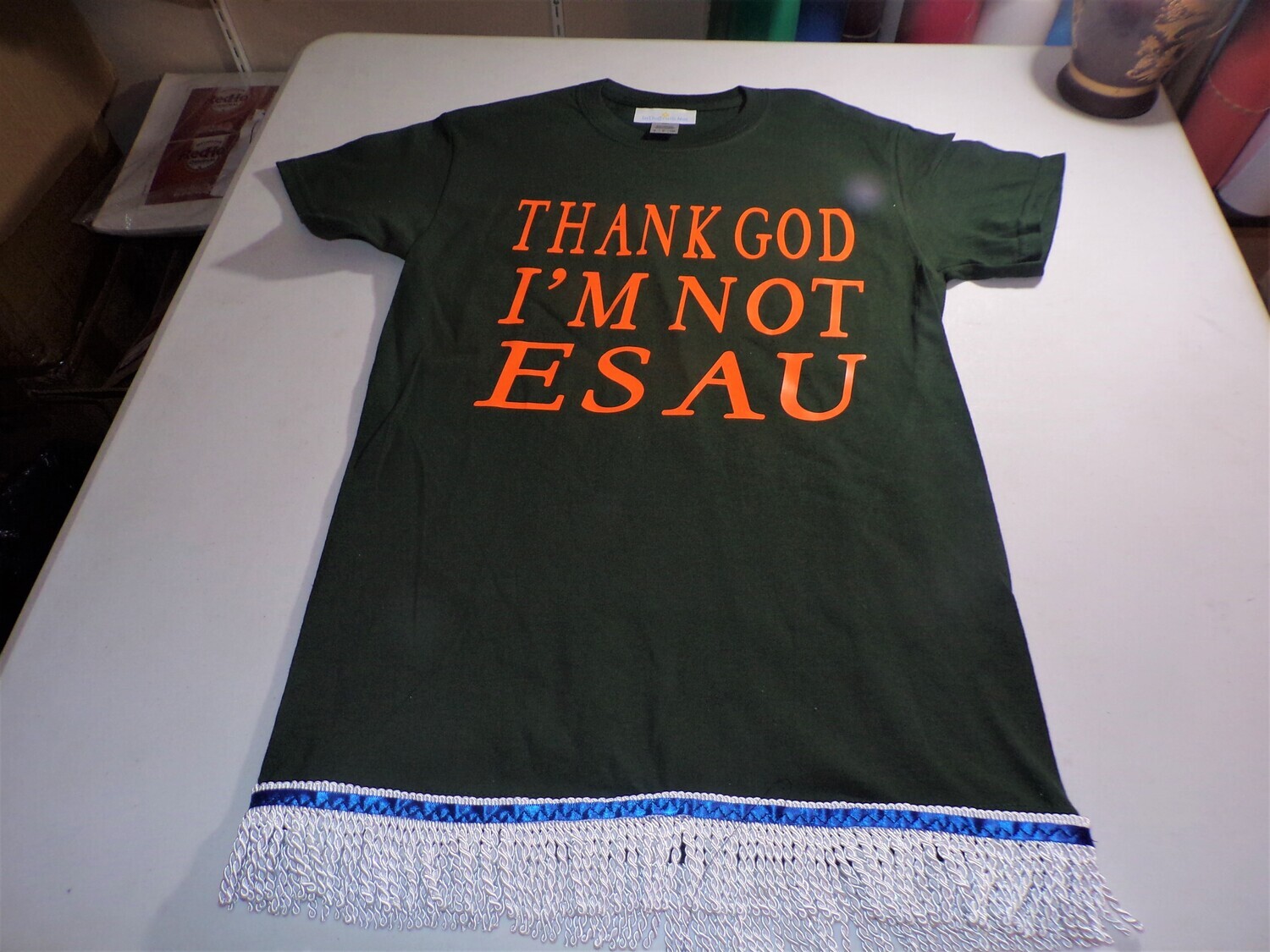Thank God I&#39;m Not Esau Forest Green w/White Fringes