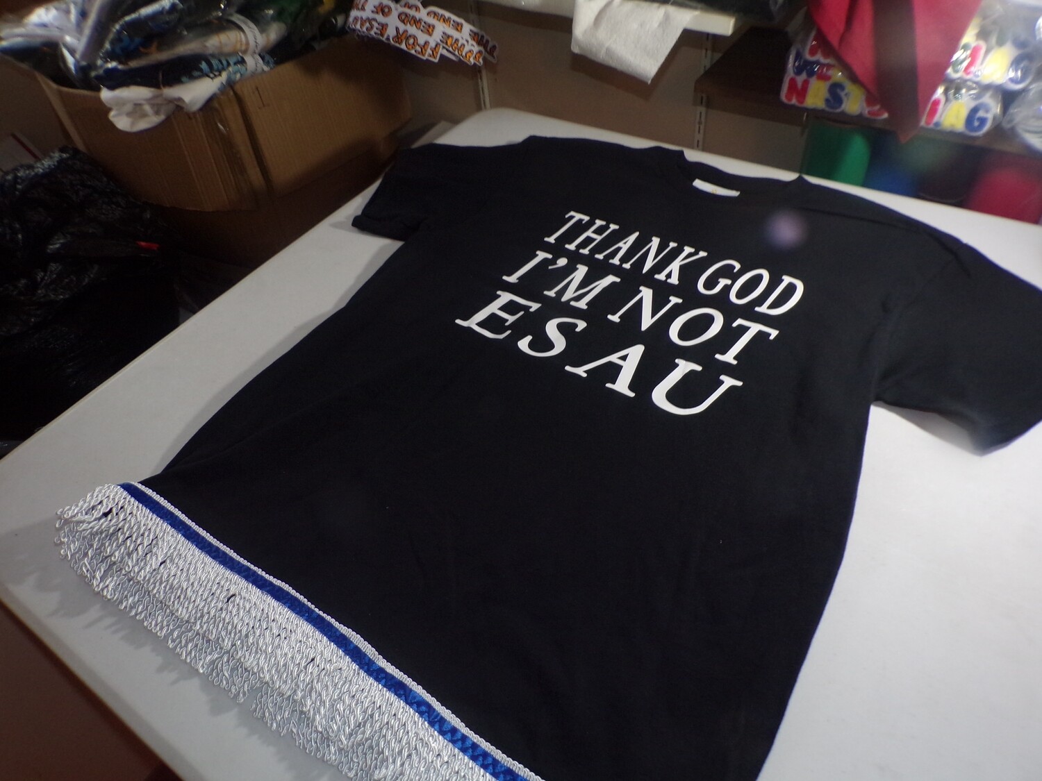 Thank God I'm Not Esau Black w/White Fringes