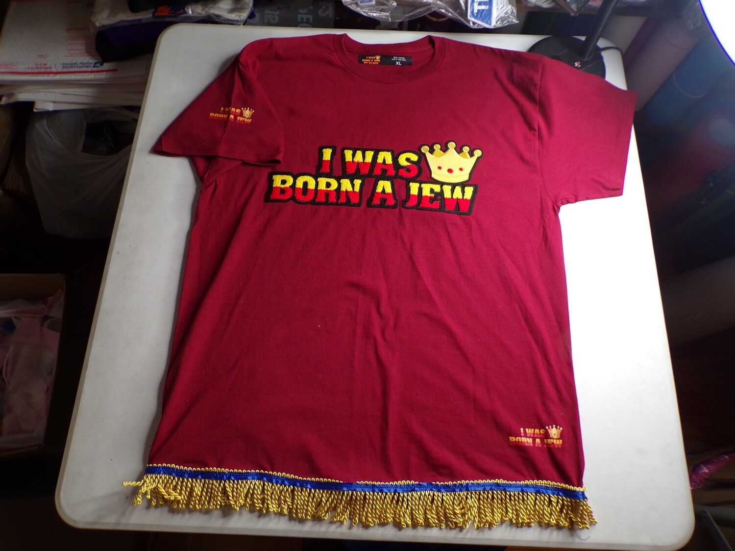I Was Born A Jew (Maroon) w/ Gold Fringes