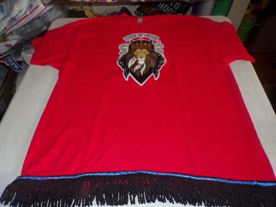 Tribe of Judah Exclusive Stitch Work Patch 12.5 inches Red Tee White Fringes.