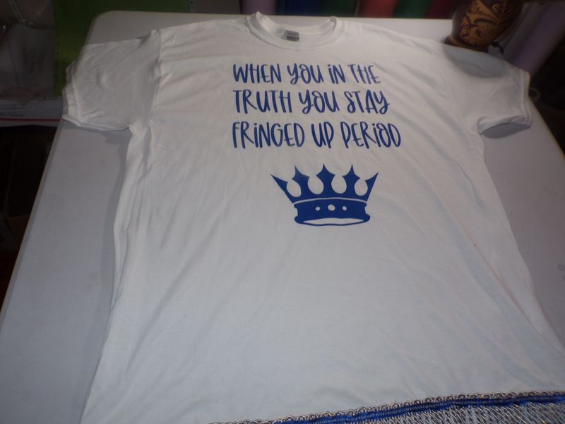 When You In The Truth You Stay Fringed Up White Tee Sky Blue Fringes