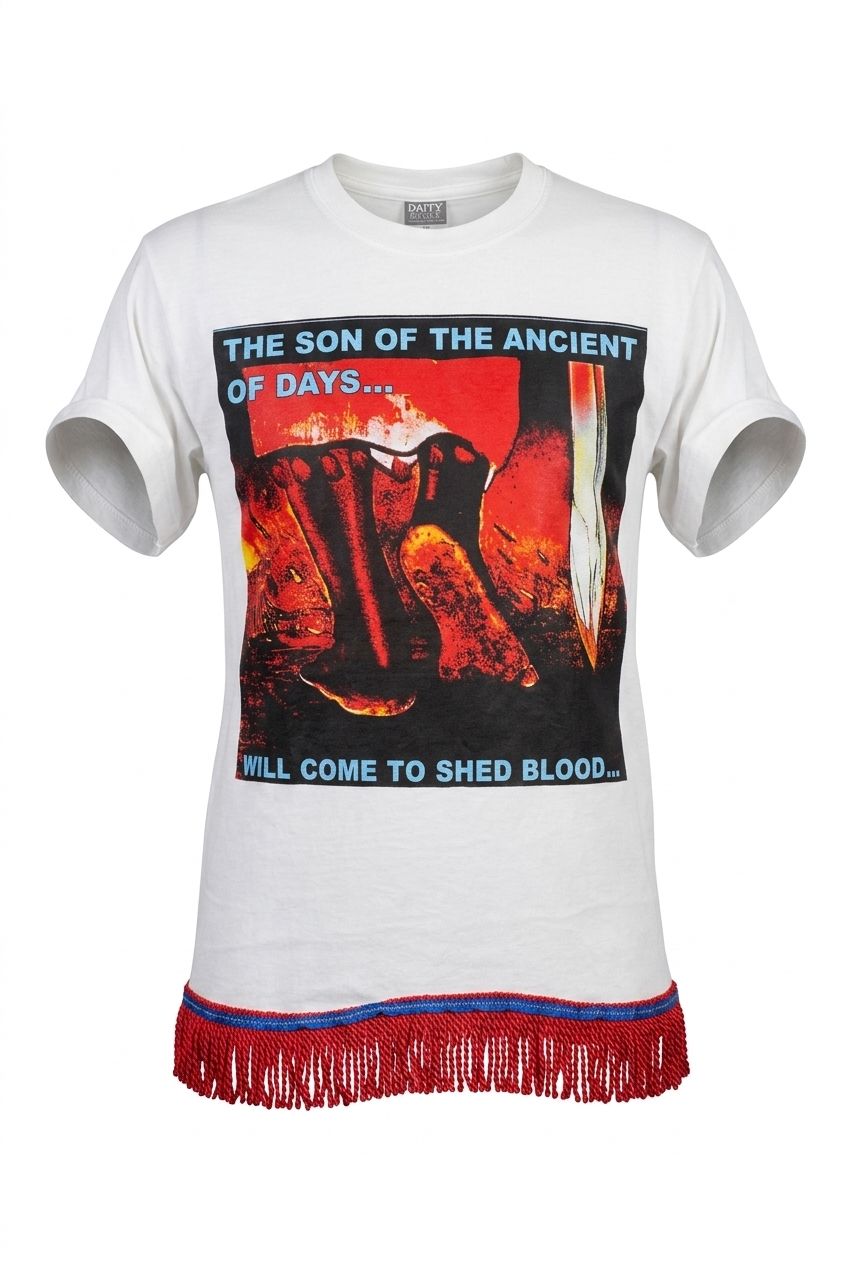 The Son of the Ancient of Days Will Come to Shed Blood White Tee Red Fringes
