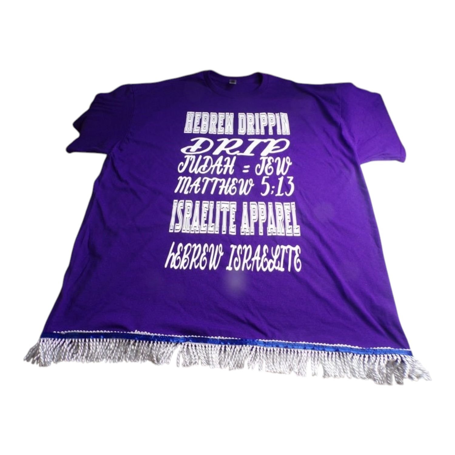 Hebrew Drip Purple Tee White Fringes