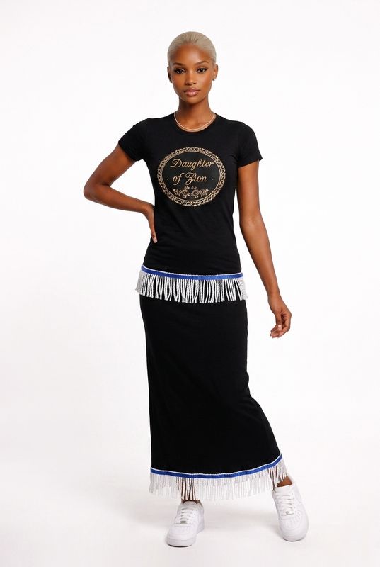 Daughter Of Zion Black Tee White Fringes No Background