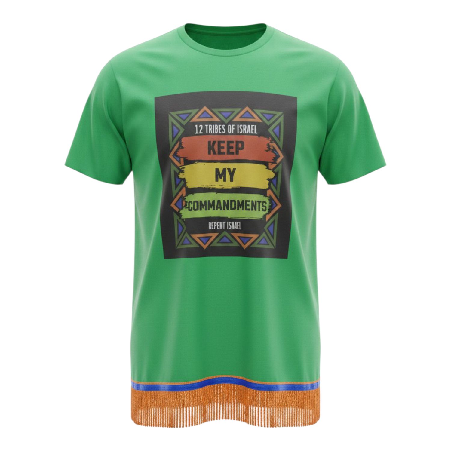 12 Tribes of Israel Keep My Commandments Repent Israel Green Tee Orange Fringes