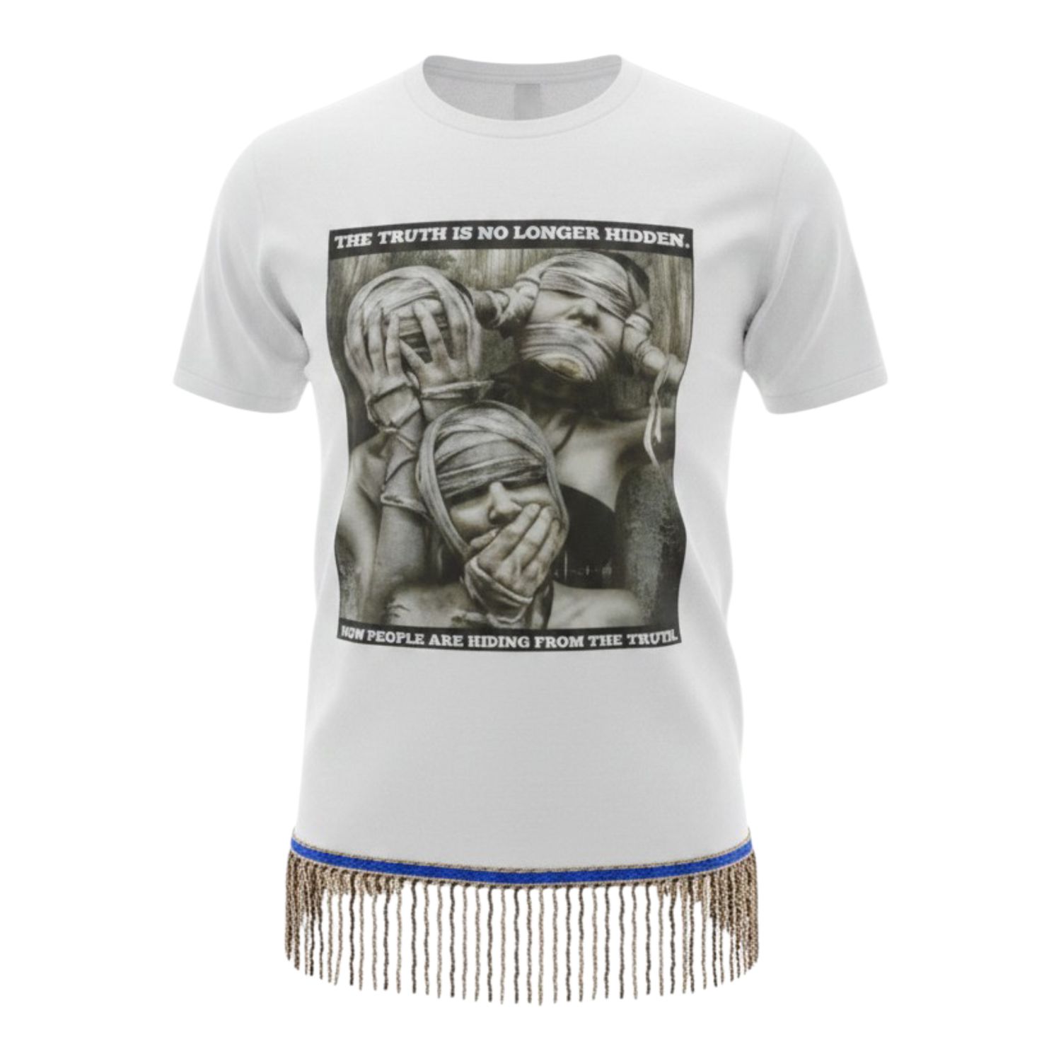 The Truth Is No Longer Hidden Now People Are Hiding From The Truth White Tee Brown/Gold Fringes