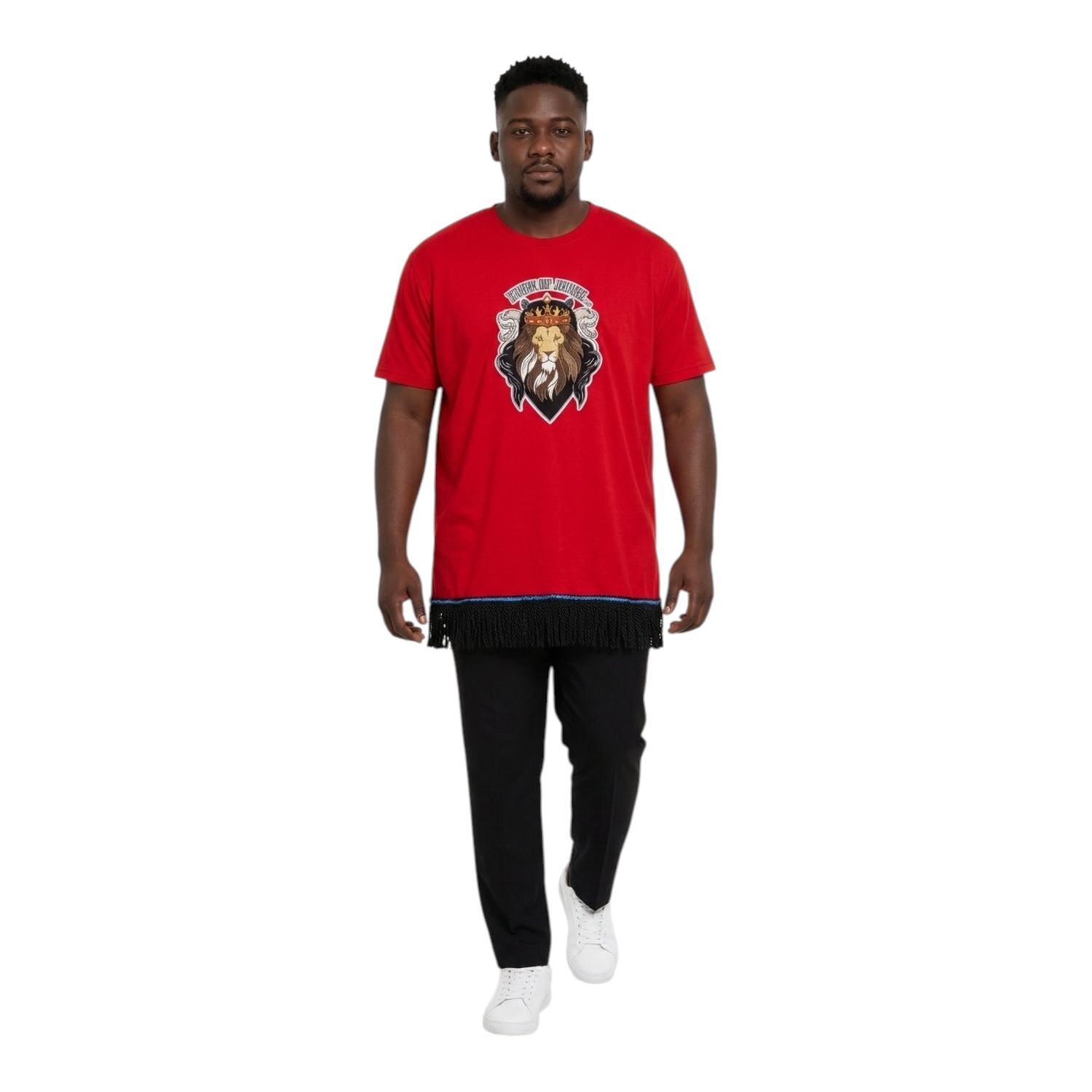 Tribe of Judah Exclusive Stitch Work Patch 12.5 inches Red Tee White Fringes.