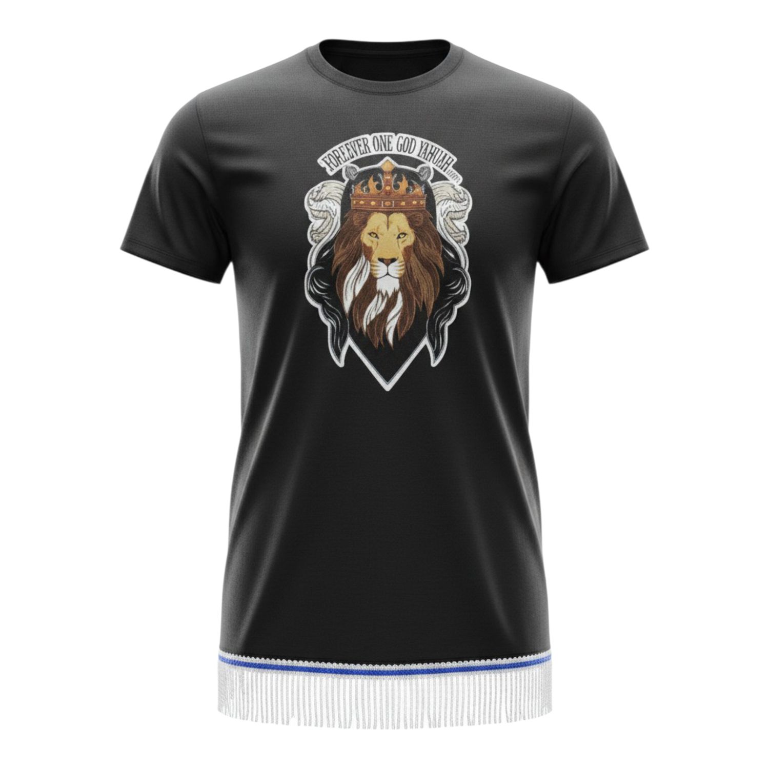 Tribe of Judah Exclusive Stitch Work Patch 12.5 inches Black Tee White Fringes.