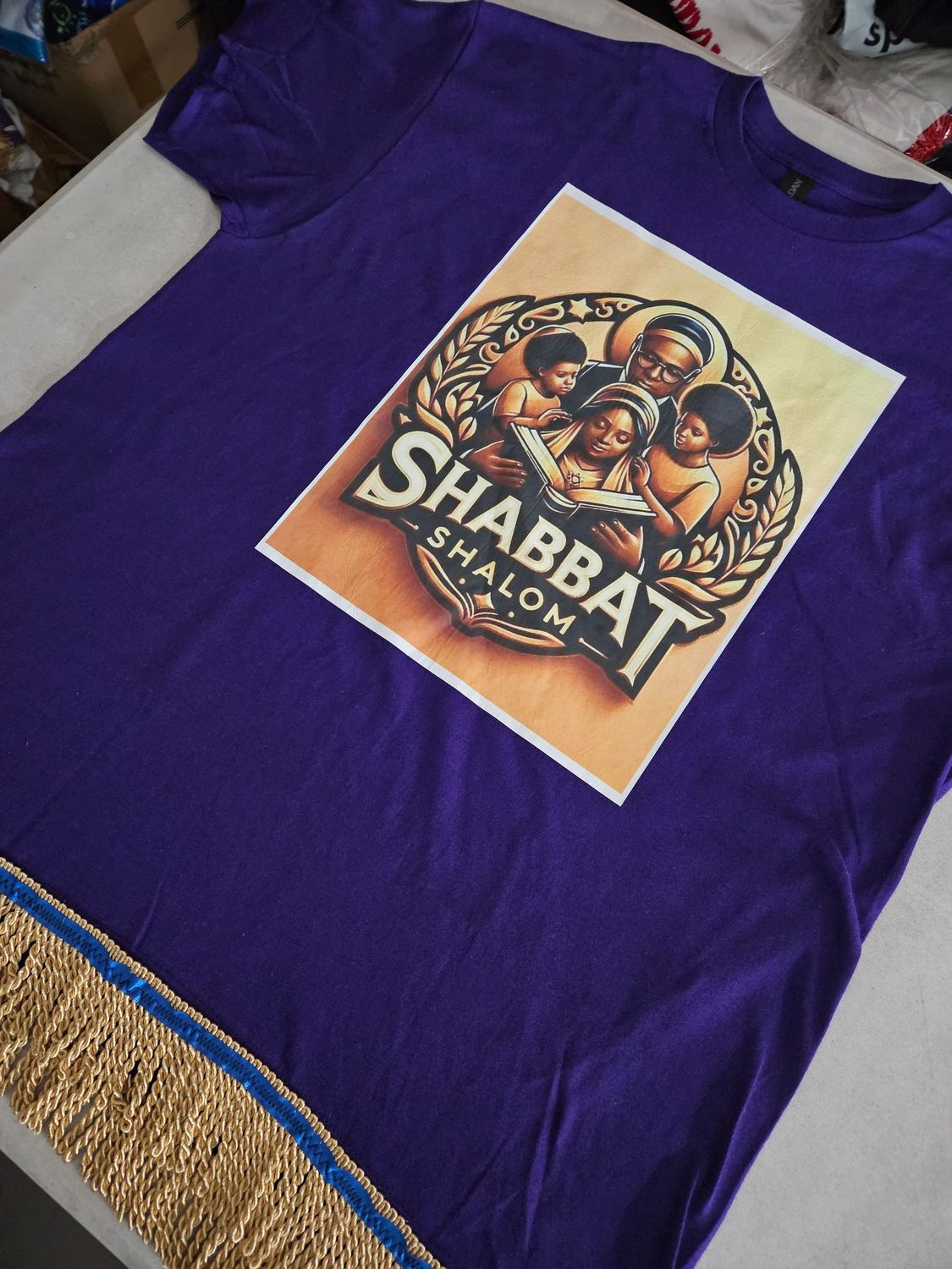 Sabbath Shalom Purple Tee Gold Fringes