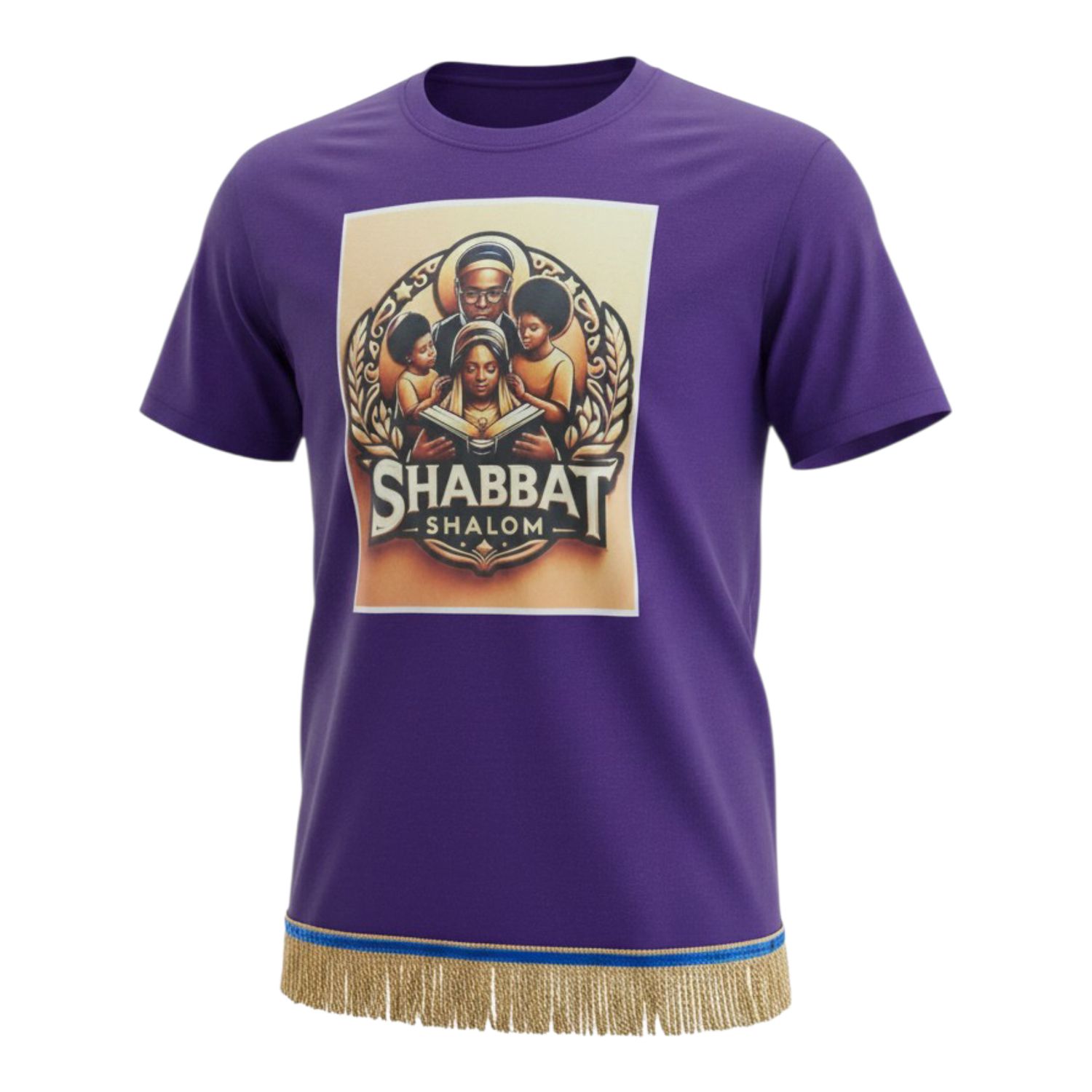 Shabbat Shalom Purple Tee Gold Fringes