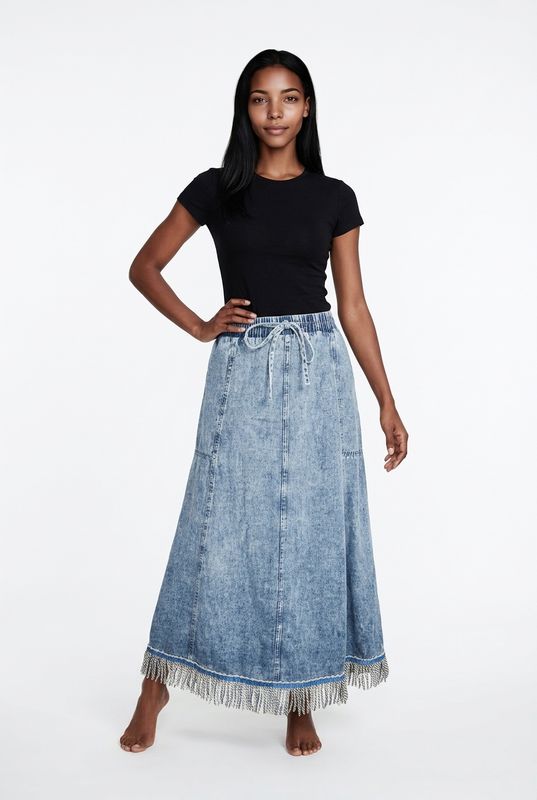 Washed Denim Elastic Waist Maxi Skirt