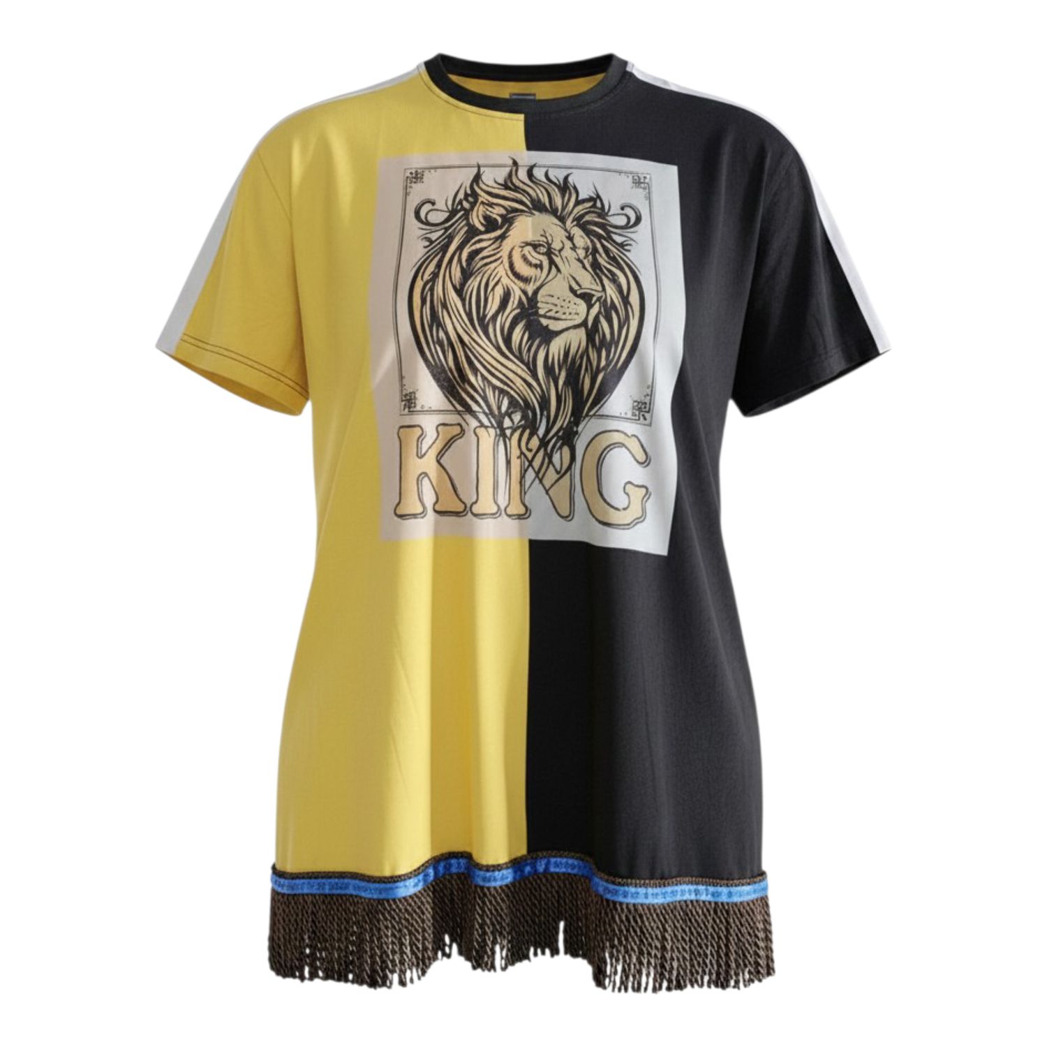 100% Cotton Two Tone Yellow/Black Tee Shirt Lion of Judah King Brown Fringes