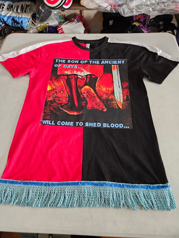 100% Cotton Two Tone Red/Black Tee Shirt the Son of Ancient of Days Will Come to Shed Blood Sky/Blue Fringes