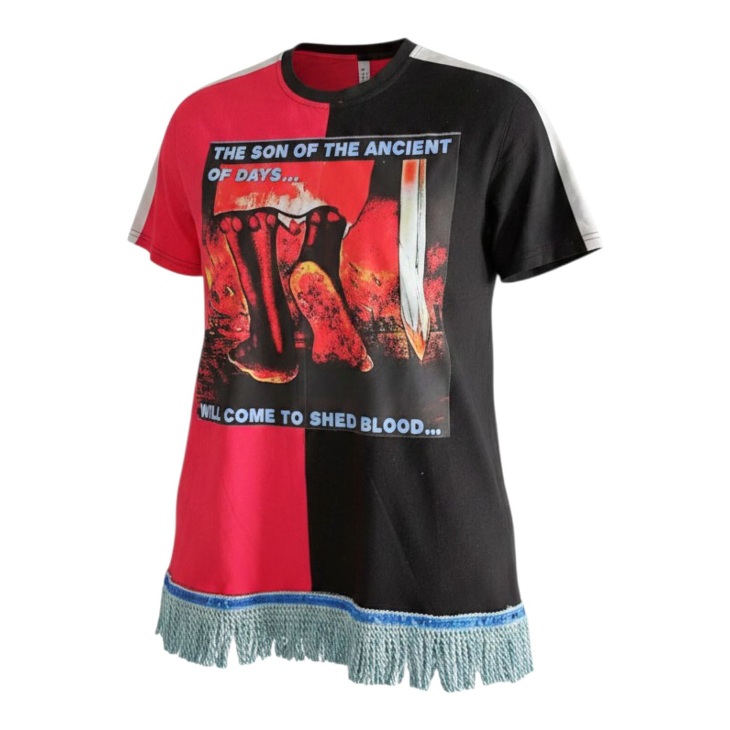 100% Cotton Two Tone Red/Black Tee Shirt the Son of Ancient of Days Will Come to Shed Blood Sky/Blue Fringes