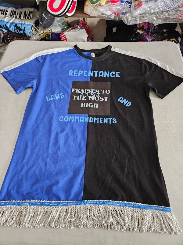 100% Cotton Two Tone Blue/Black Repentance, Laws and Commandments All Praises to The Most High White Fringes