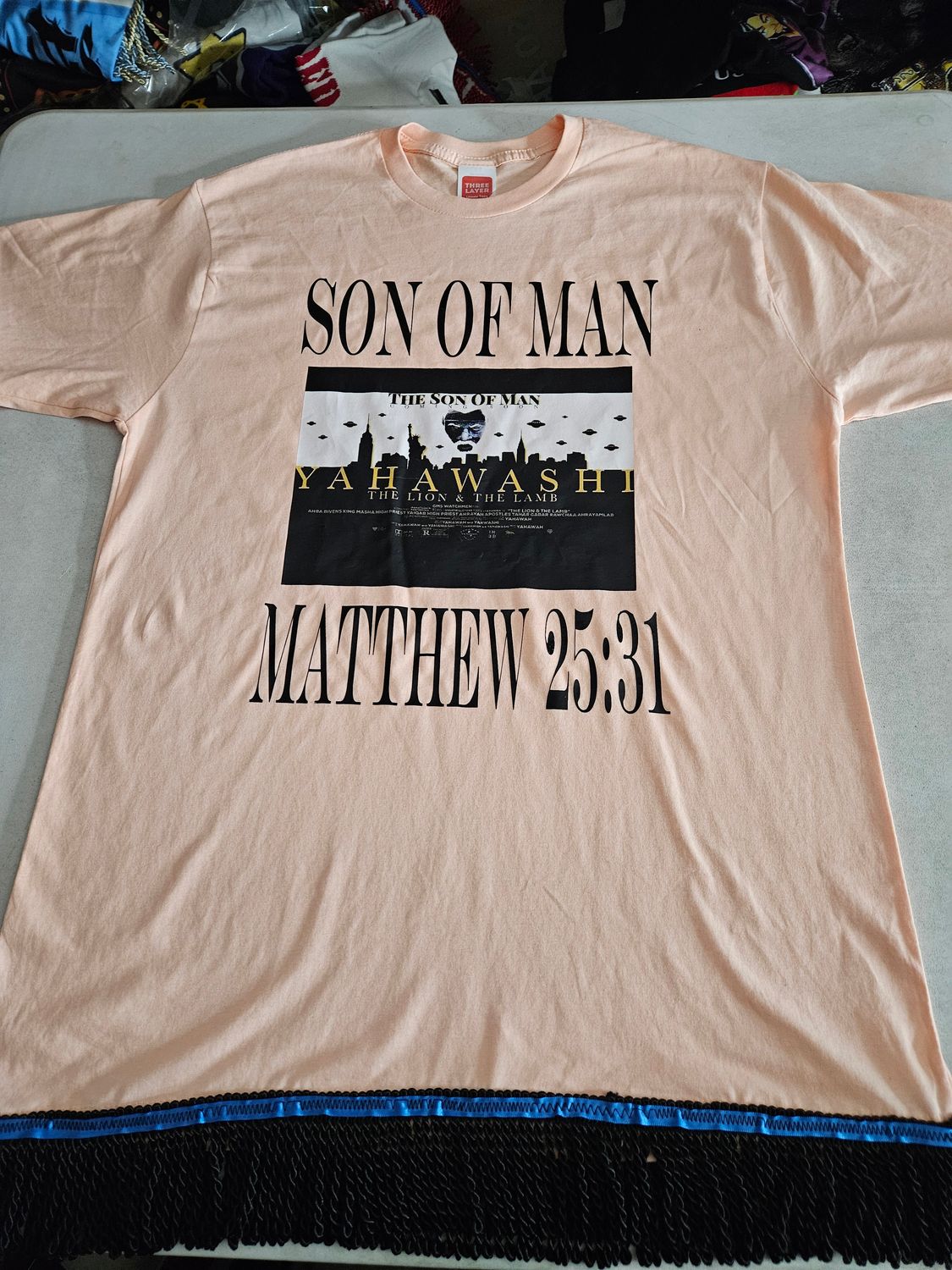 100% Cotton The Son of Man Matthew 25:31 Apricot Shirt Black Fringes
