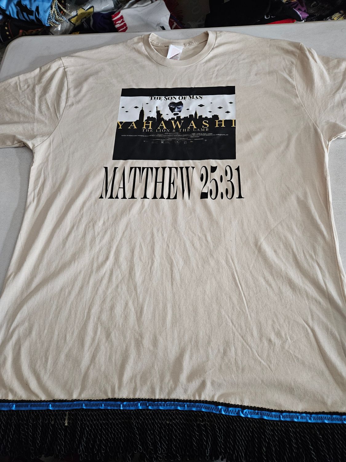 100% Cotton The Son of Man Matthew 25:31 Sand Shirt Black Fringes