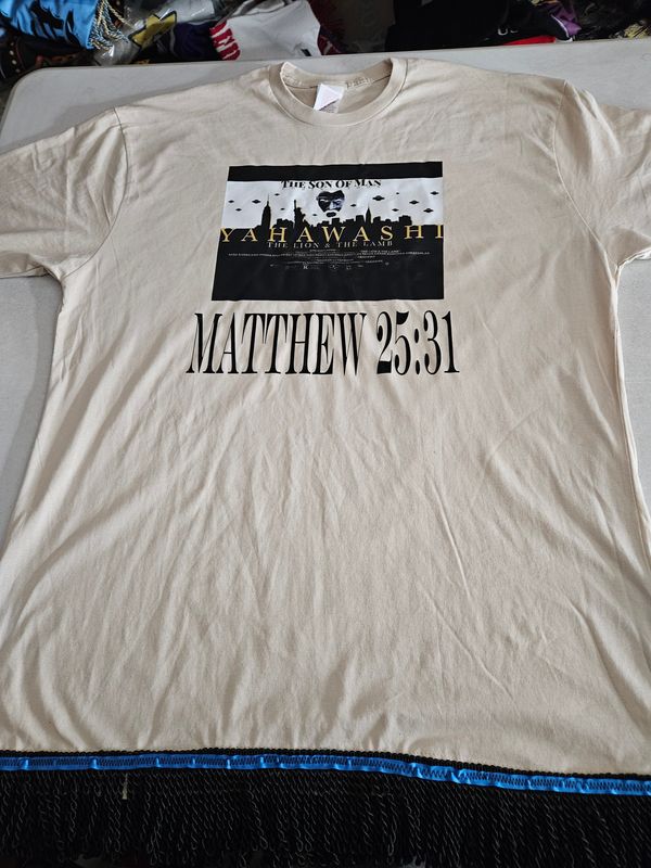 100% Cotton The Son of Man Matthew 25:31 Sand Shirt Black Fringes