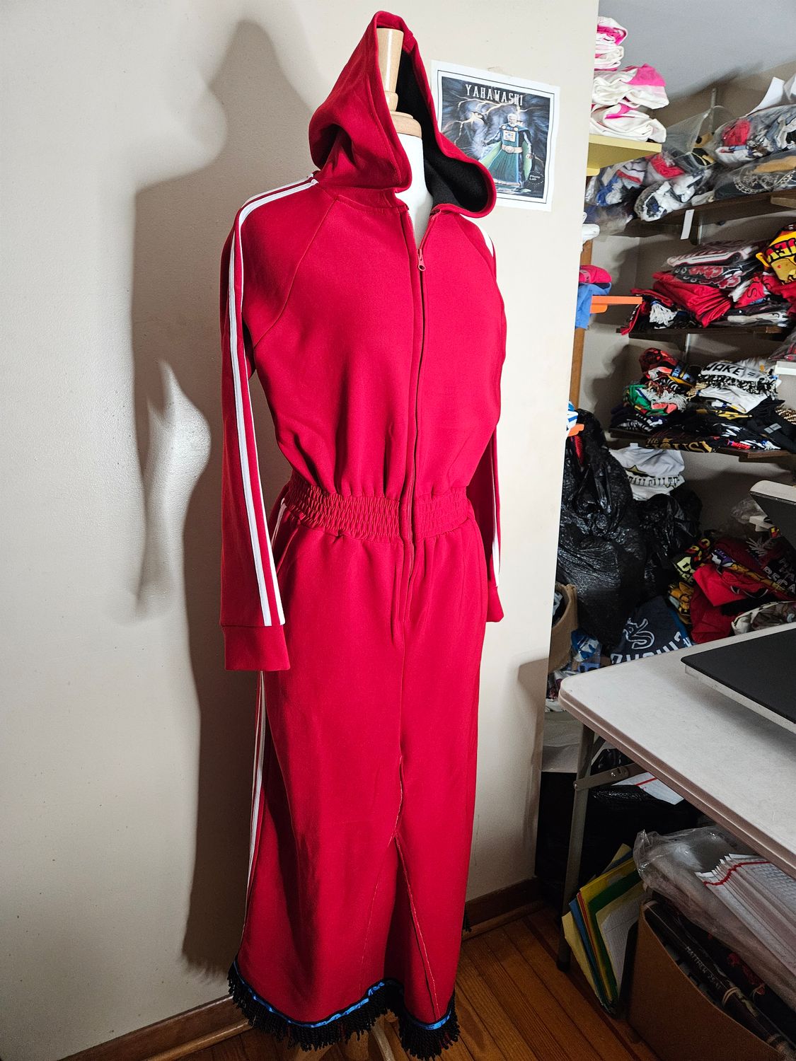 Jumpsuit Hooded Lined Fleece Side Stripes Custom Made Wide-Maxi Skirts Black Fringes