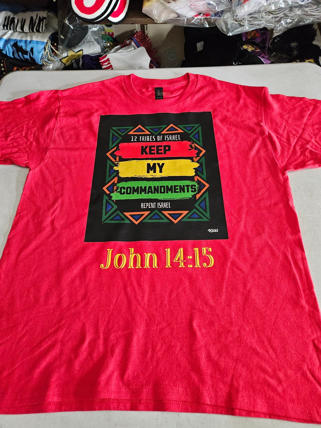 12 Tribes of Israel Keep My Commandments Red Tee John 14:15 Gold Fringes