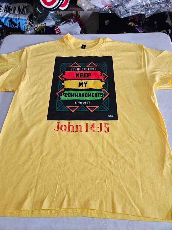 12 Tribes of Israel Keep My Commandments Yellow Tee John 14:15 Black Fringes