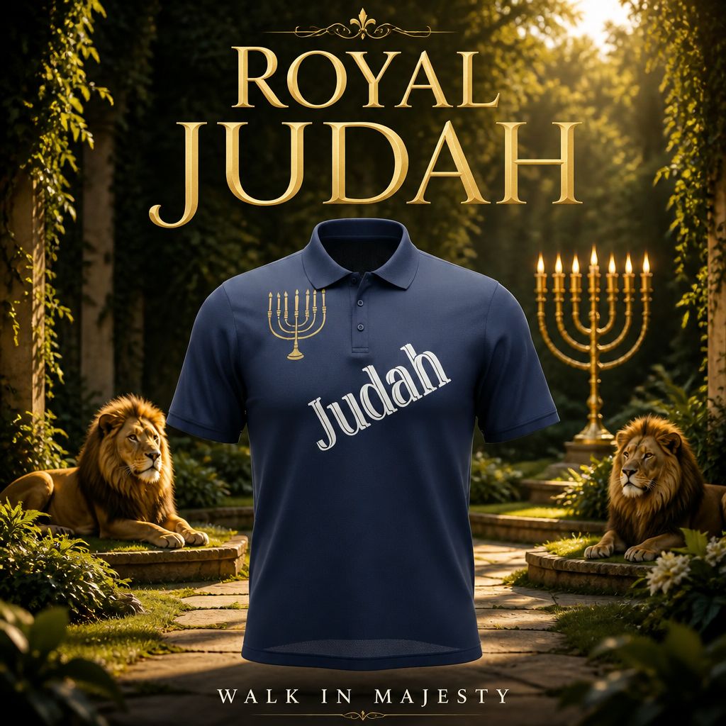 Judah w/ Menorah Gold Fringes 100% Polyester Polo Navy Blue Short Sleeve
