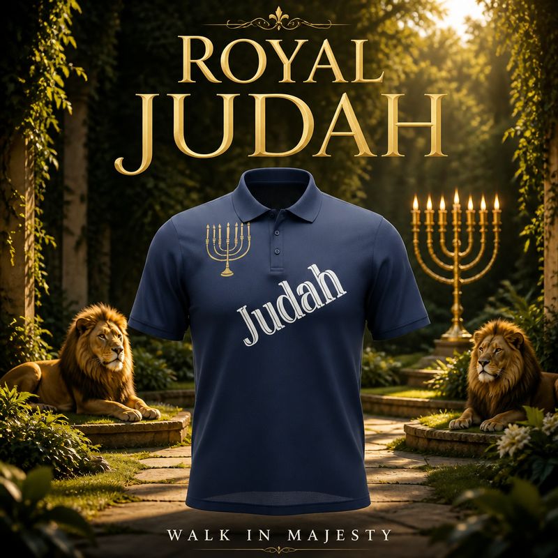 Judah w/ Menorah Gold Fringes 100% Polyester Polo Navy Blue Short Sleeve