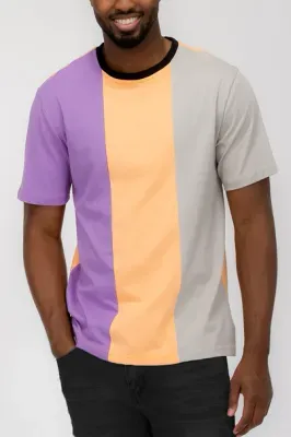 100% Cotton Color Block T-shirt  LILAC=Vertical Stripe Black Fringes