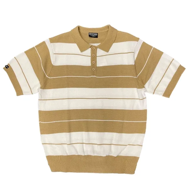 100% Acrylic Striped Khaki White 4 Button Polo Shirt Gold Fringes