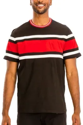 100% Cotton Three Stripe Short Sleeve Black-Red T shirt White Fringes