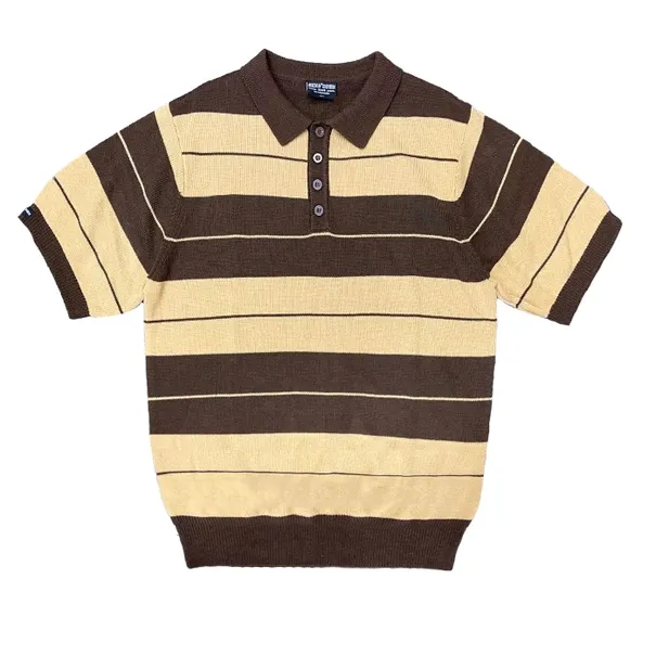 100% Acrylic Striped Brown Khaki 4 Button Polo Shirt Red Fringes