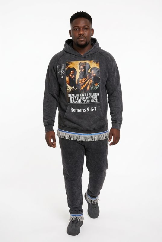 Vintage Raglan 100% Cotton Israelite Isn't A Religion Its A Bloodline from Abraham, Isaac, Jacob Romans 9:6-7 White Fringes Premium Heavyweight Hooded Cloud Black