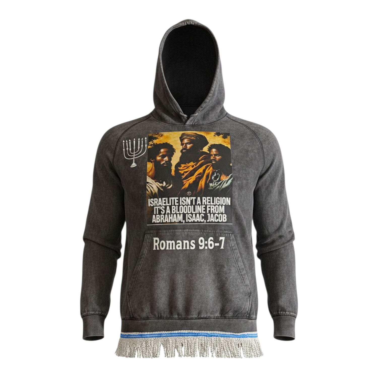 Vintage Raglan 100% Cotton Israelite Isn't A Religion Its A Bloodline from Abraham, Isaac, Jacob Romans 9:6-7 White Fringes Premium Heavyweight Hooded Cloud Black
