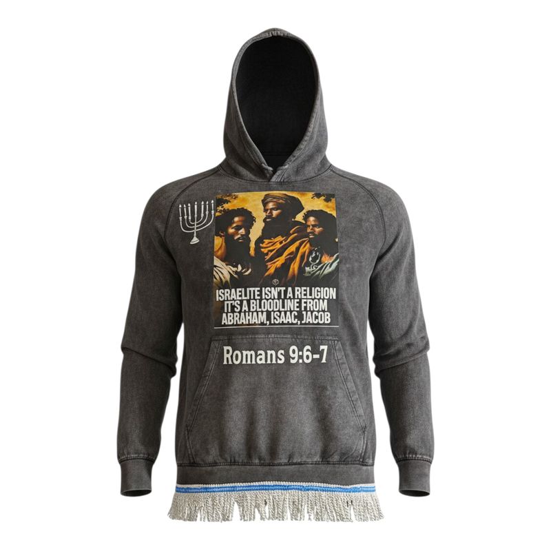 Vintage Raglan 100% Cotton Israelite Isn't A Religion Its A Bloodline from Abraham, Isaac, Jacob Romans 9:6-7 White Fringes Premium Heavyweight Hooded Cloud Black