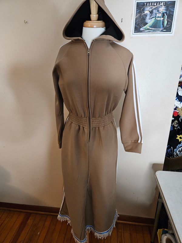 Jumpsuit Hooded Lined Fleece Side Stripes Custom Made Wide-Maxi Skirts Taupe White Fringes