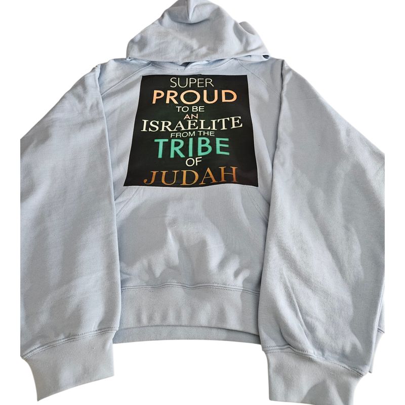 100% Cotton Hooded Super Proud to Be an Israelite from the Tribe of Judah White Tee Romans 11:1 Powder Blue White Fringes