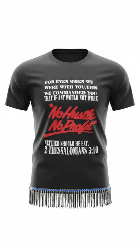 No Hustle No Profit Black Tee White Fringes 2nd Thessalonians 3:10